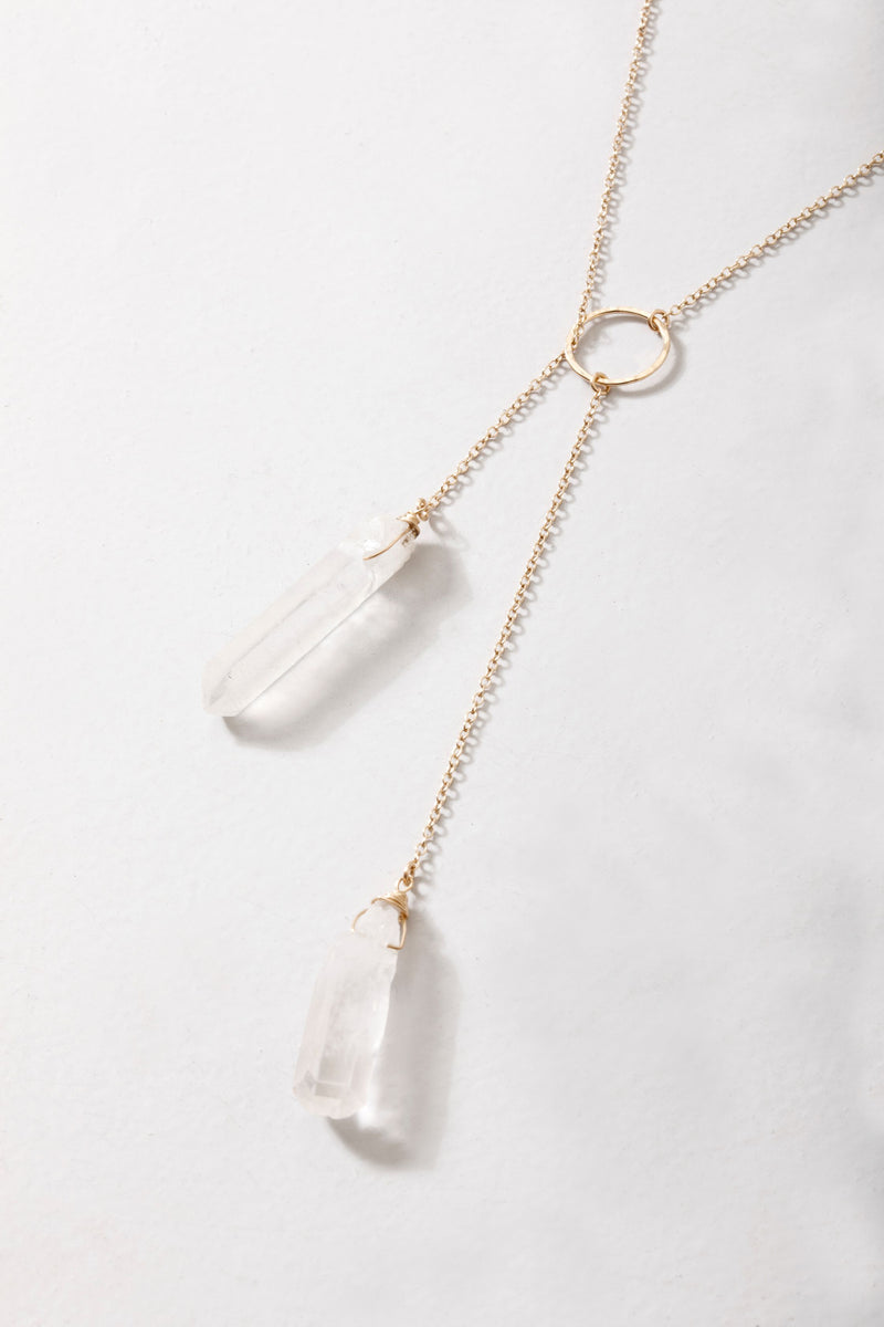 Crystal Quartz Point Gemstone Lariat Necklace - Found Wanderer