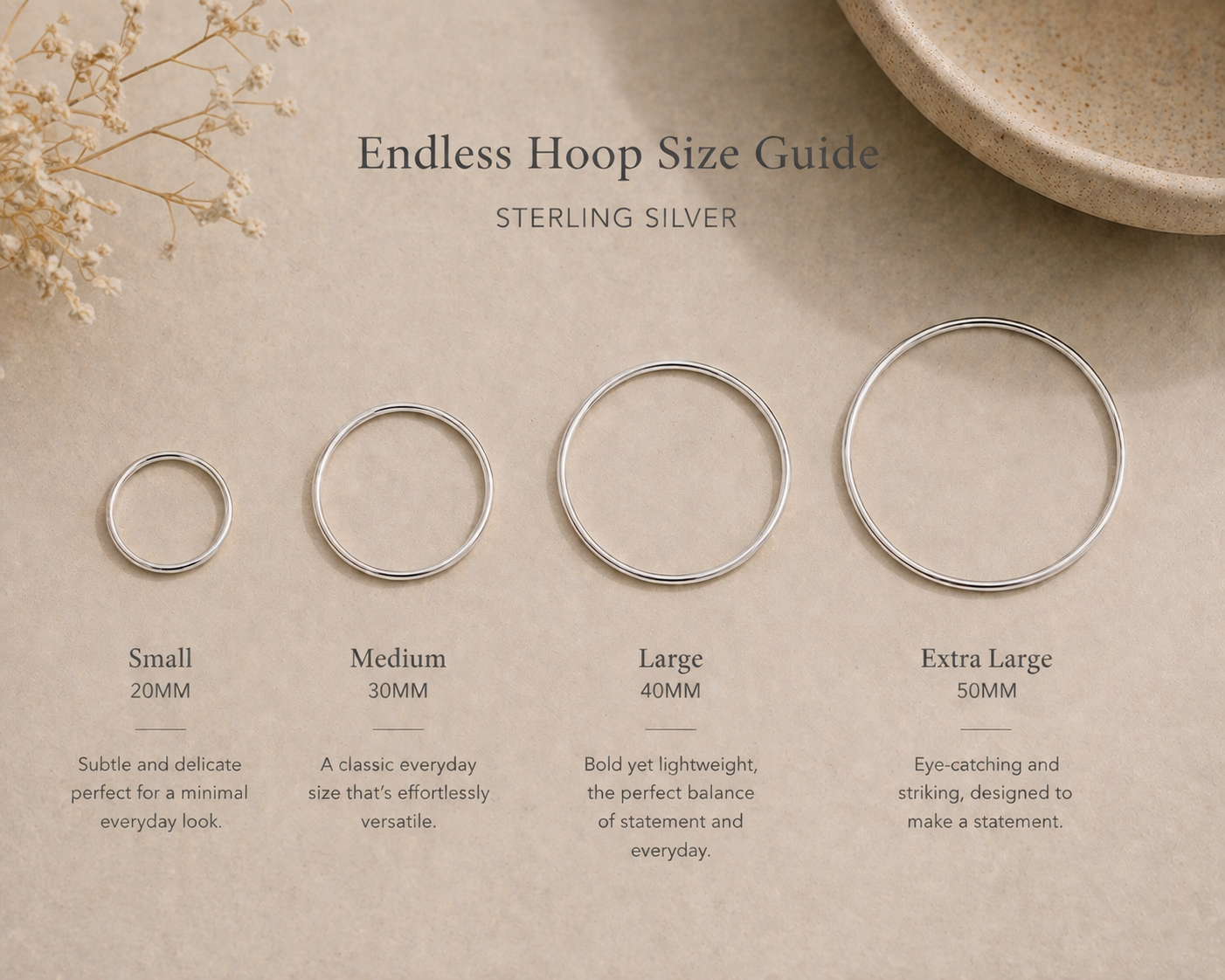 Endless hoop size guide for sterling silver rings on a beige background with text describing each size.