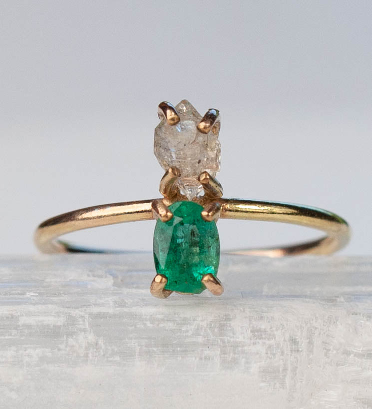 Herkimer Diamond/Emerald Dioscuri Ring