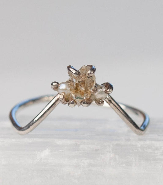 Herkimer Diamond/Pearl Trinity Ring