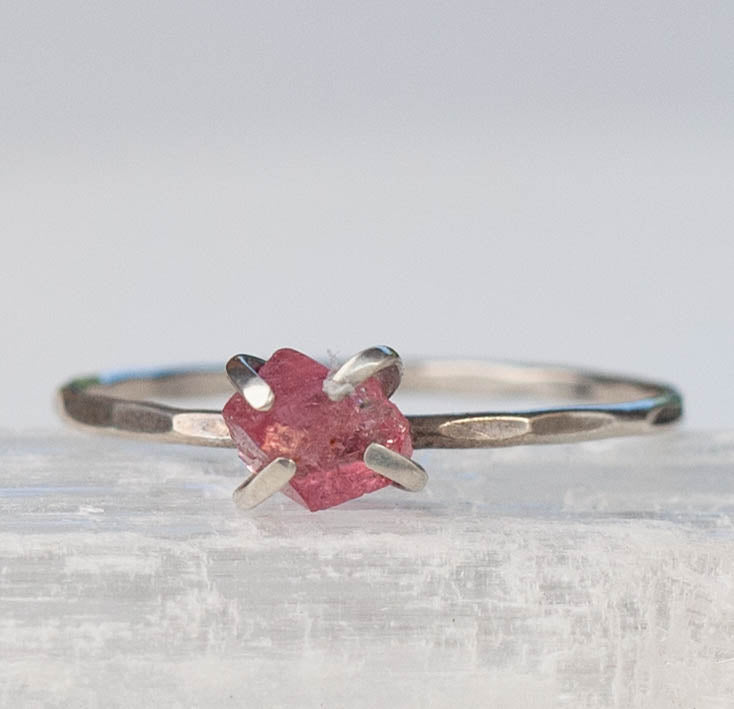 Raw Pink Spinel Hammered Band Ring