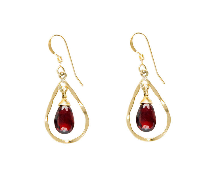Garnet Teardrop Hoop Earrings